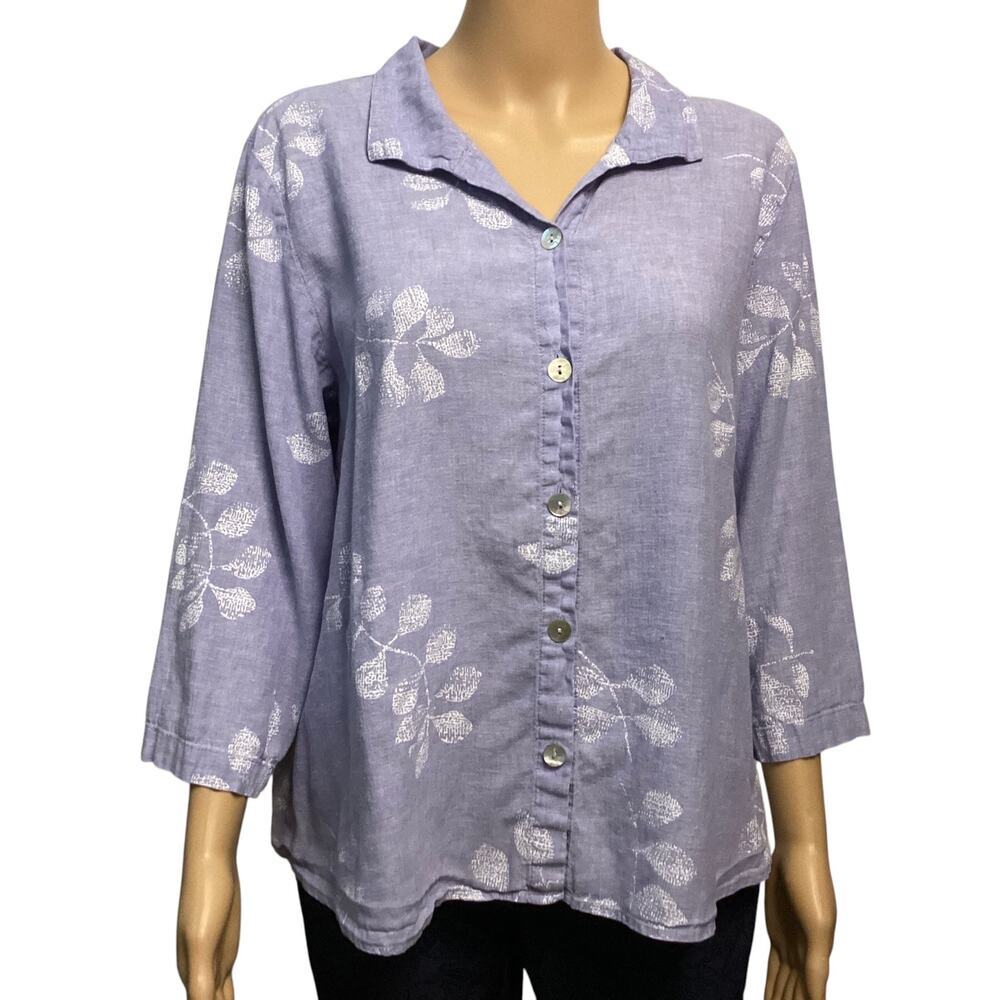 Habitat Clothes To Live In Linen Blend Leaf Print Button Down 3/4 Sleeve size L